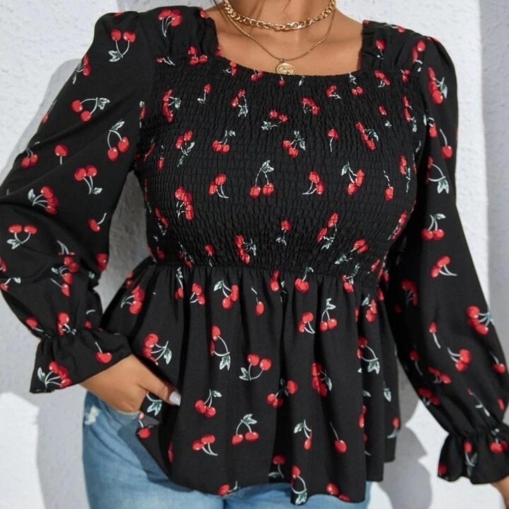 Shein Cherry Print Square Neck Flounce Sleeve Peplum Blouse